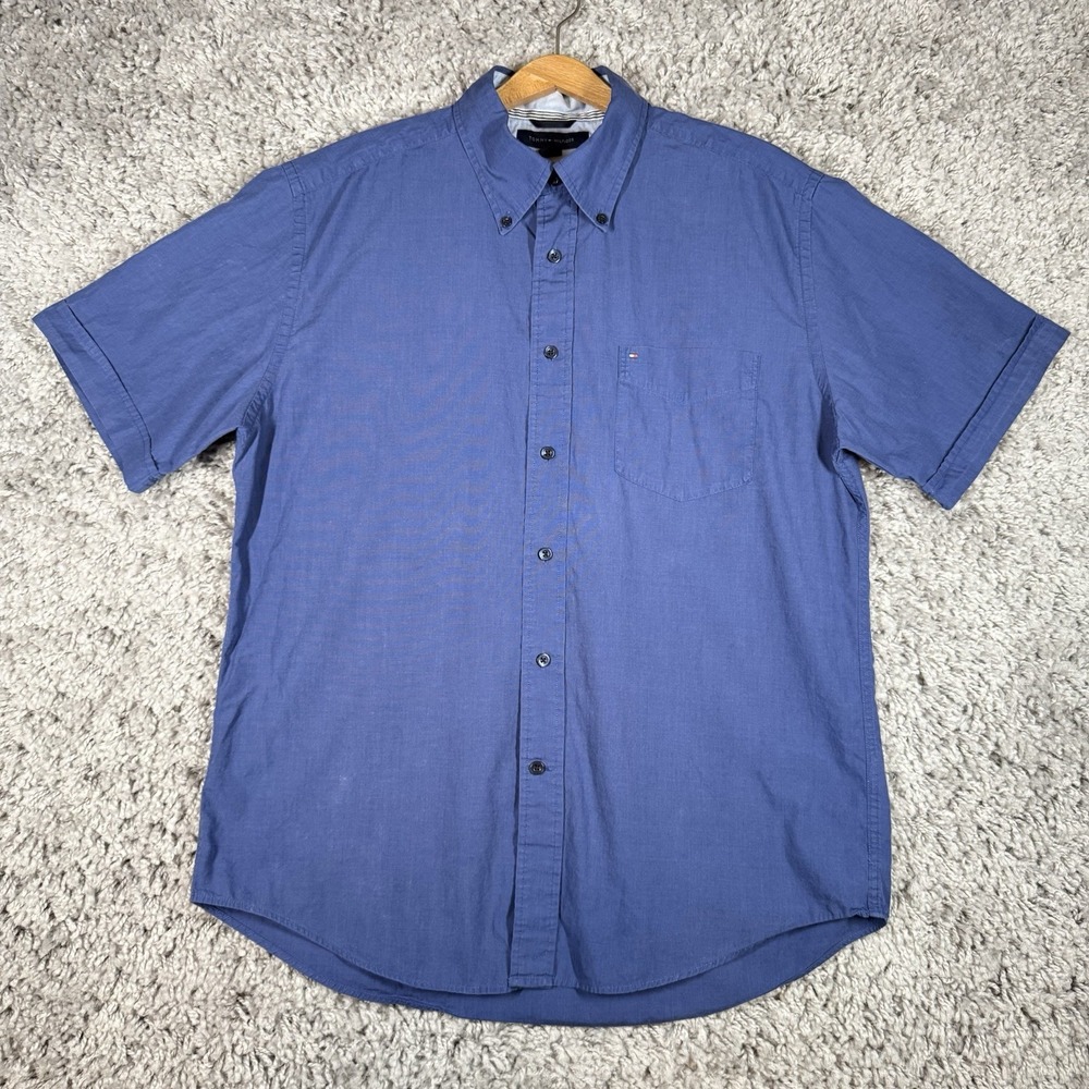 Tommy Hilfiger 100% Cotton Full Button Up Pocket Dress Work Shirt Blue Large
